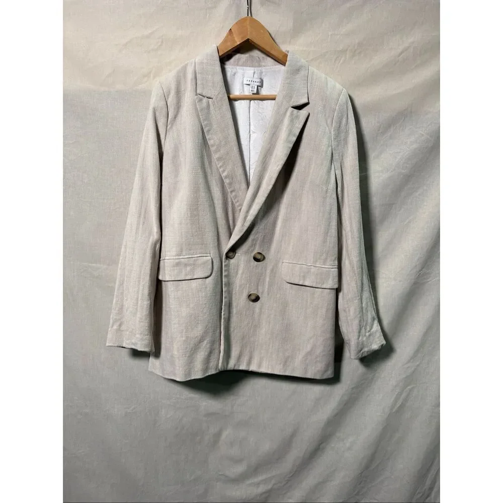 Topshop Double Breasted Blazer Womens US 10 Beige Cotton Oversized Jacket